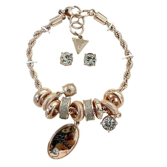 Guess Rose Gold-Tone Link Charm Bracelet & Crystal Stud Earrings Set With Gift B - Picture 1 of 9